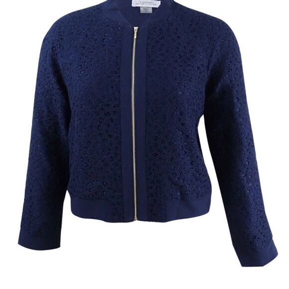 Tahari Arthur S Levine NWT 18 blue lace Bomber jacket gold zipper - Picture 6 of 15
